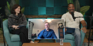 Still from podcast with host Mady Dudley, Guest Brendan Kennedy (inset) and host Larry Aldrich