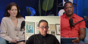 Host Mady Dudley, Guest David Deas, and host Larry Aldrich discuss storytelling